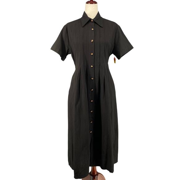 Vtg 80s 90s Two Potato Button Down Tie Back Short Sleeve Maxi Dress XS Black NOS - Picture 1 of 16